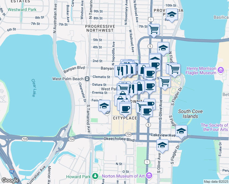 map of restaurants, bars, coffee shops, grocery stores, and more near 631 Evernia Street in West Palm Beach
