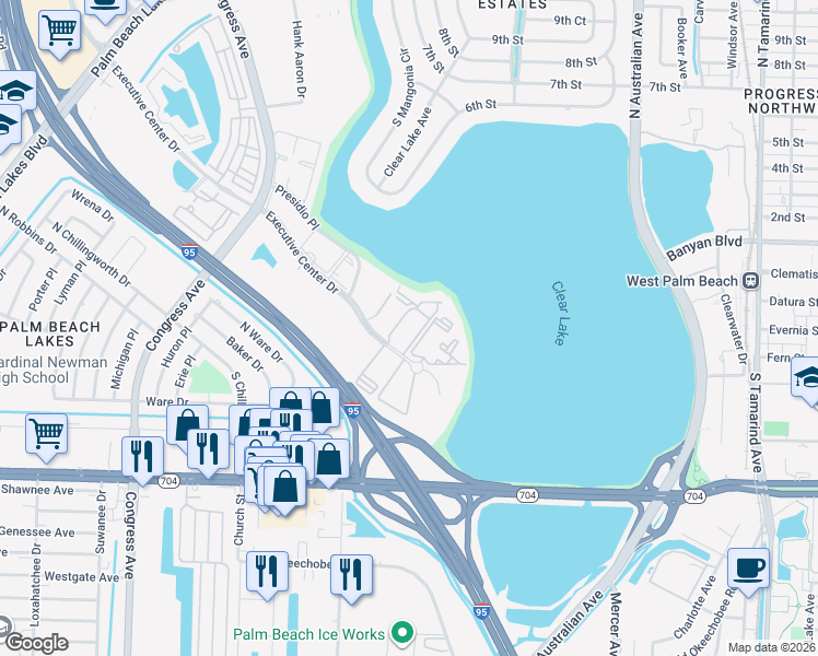 map of restaurants, bars, coffee shops, grocery stores, and more near 616 Executive Center Drive in West Palm Beach