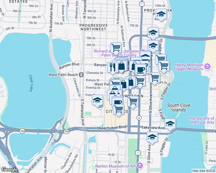 map of restaurants, bars, coffee shops, grocery stores, and more near 631 Evernia Street in West Palm Beach
