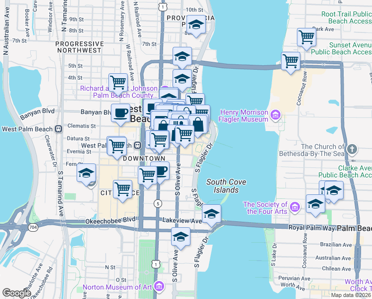 map of restaurants, bars, coffee shops, grocery stores, and more near 209 South Olive Avenue in West Palm Beach