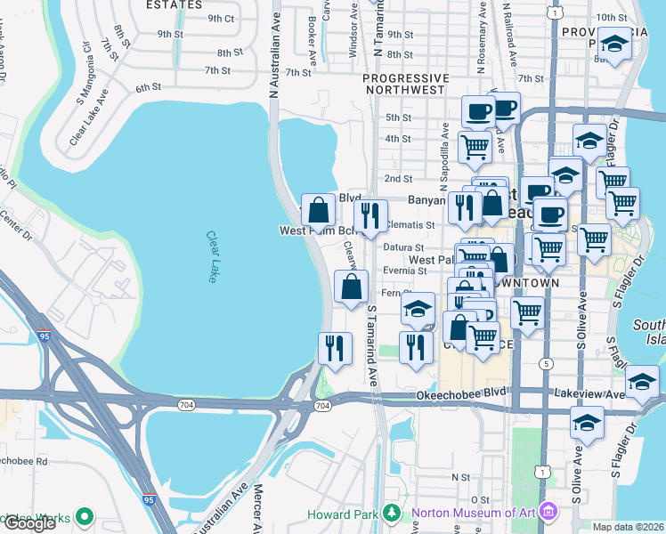 map of restaurants, bars, coffee shops, grocery stores, and more near 300 North Australian Avenue in West Palm Beach