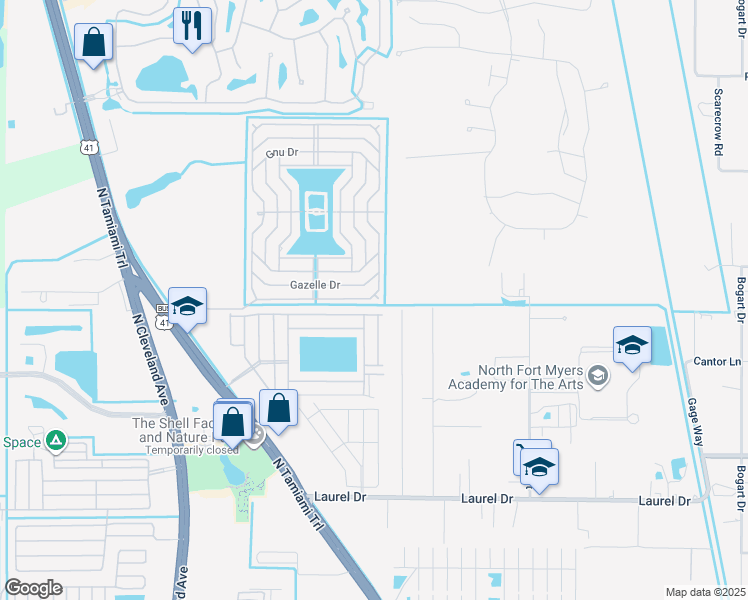 map of restaurants, bars, coffee shops, grocery stores, and more near 52 Eland Drive in North Fort Myers