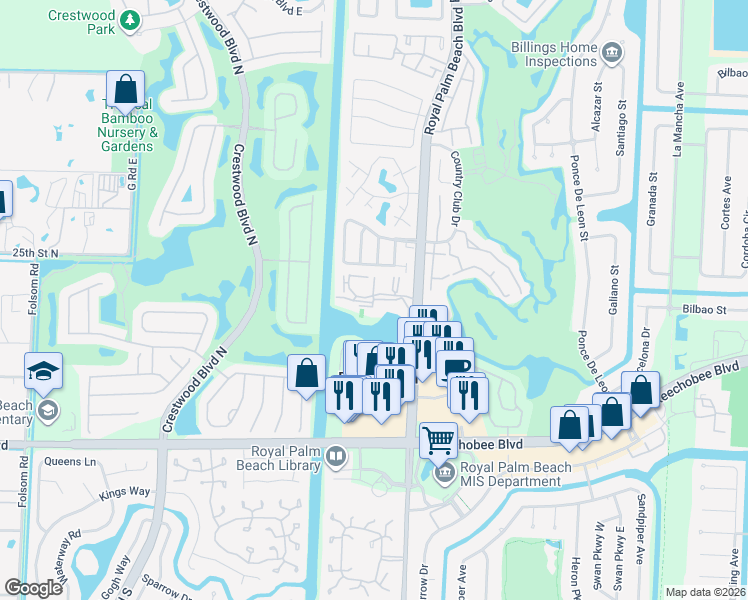 map of restaurants, bars, coffee shops, grocery stores, and more near 398 Cranes Roost in Royal Palm Beach