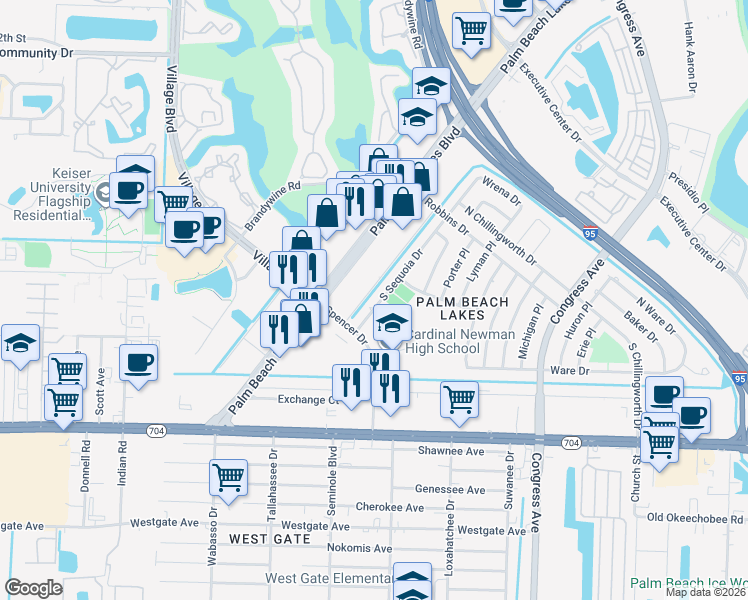 map of restaurants, bars, coffee shops, grocery stores, and more near 337 South Sequoia Drive in West Palm Beach
