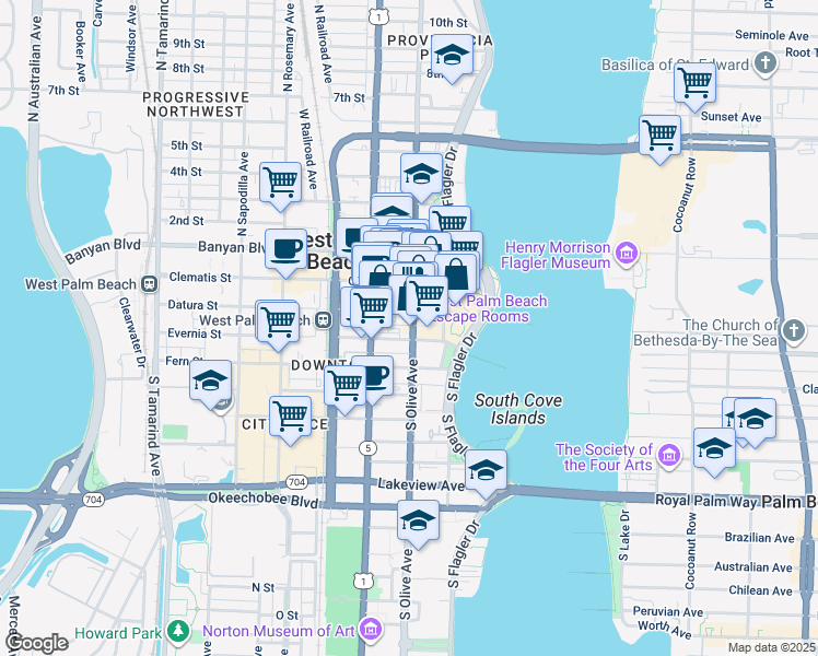 map of restaurants, bars, coffee shops, grocery stores, and more near 209 South Olive Avenue in West Palm Beach