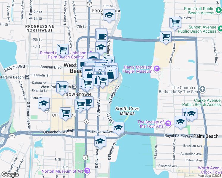 map of restaurants, bars, coffee shops, grocery stores, and more near 104 Datura Street in West Palm Beach