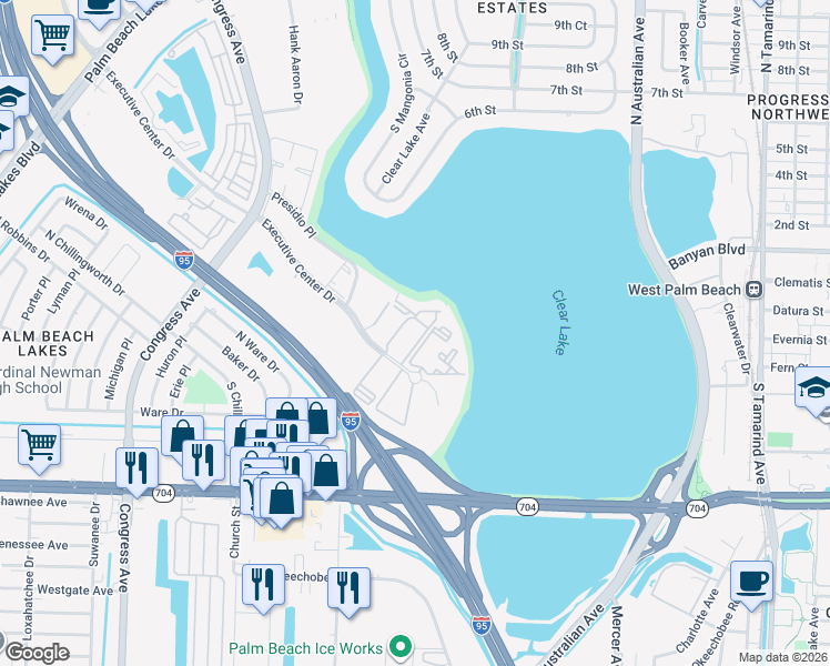 map of restaurants, bars, coffee shops, grocery stores, and more near 616 Executive Center Drive in West Palm Beach