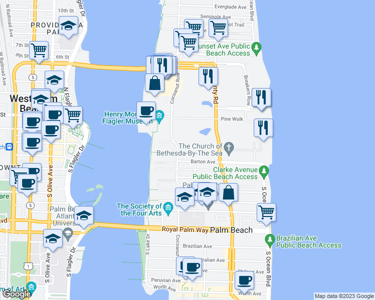 map of restaurants, bars, coffee shops, grocery stores, and more near 269 Pendleton Avenue in Palm Beach