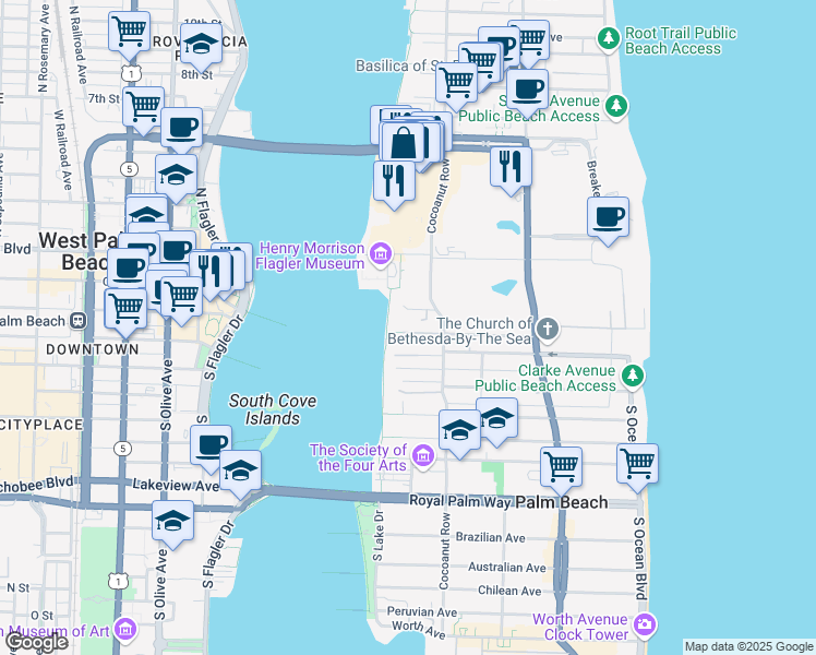 map of restaurants, bars, coffee shops, grocery stores, and more near 4 South Lake Trail in Palm Beach