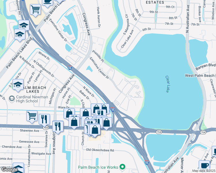 map of restaurants, bars, coffee shops, grocery stores, and more near 421 Executive Center Drive in West Palm Beach