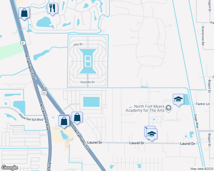 map of restaurants, bars, coffee shops, grocery stores, and more near 15 Eland Drive in North Fort Myers