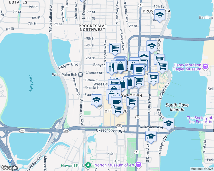 map of restaurants, bars, coffee shops, grocery stores, and more near 626 Datura Street in West Palm Beach