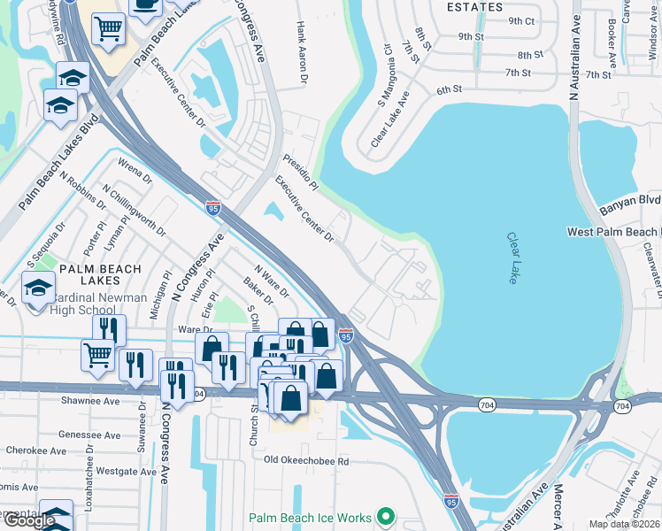 map of restaurants, bars, coffee shops, grocery stores, and more near 421 Executive Center Drive in West Palm Beach