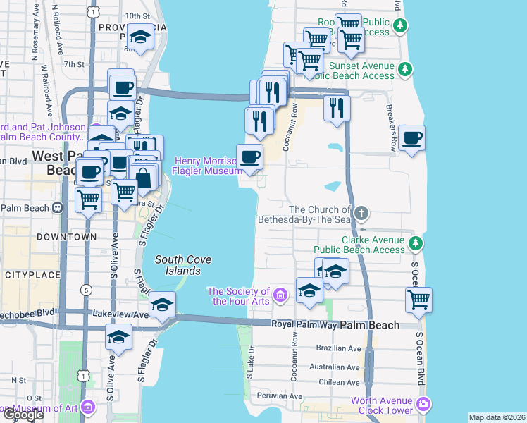 map of restaurants, bars, coffee shops, grocery stores, and more near 4 South Lake Trail in Palm Beach