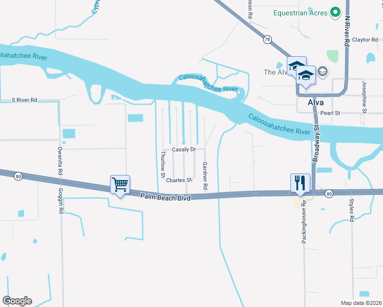 map of restaurants, bars, coffee shops, grocery stores, and more near 2300 Thompson Road in Alva