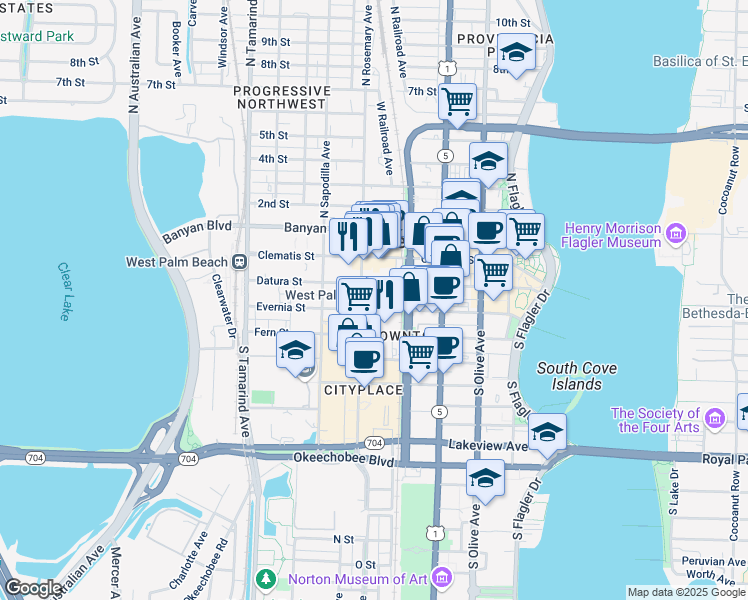 map of restaurants, bars, coffee shops, grocery stores, and more near 591 Evernia Street in West Palm Beach