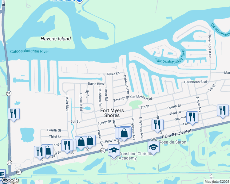 map of restaurants, bars, coffee shops, grocery stores, and more near 13002 Eighth Street in Fort Myers