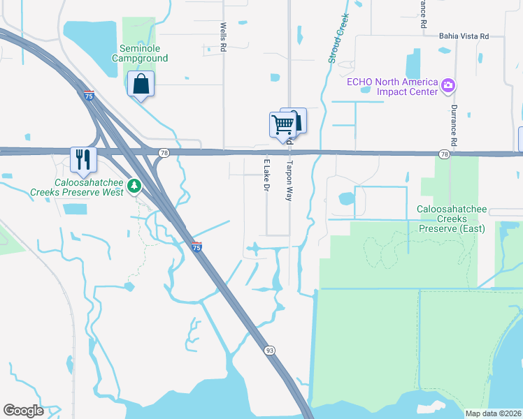 map of restaurants, bars, coffee shops, grocery stores, and more near 17061 East Lake Drive in North Fort Myers