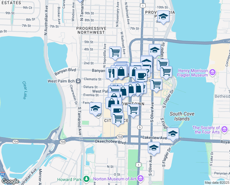 map of restaurants, bars, coffee shops, grocery stores, and more near 591 Evernia Street in West Palm Beach