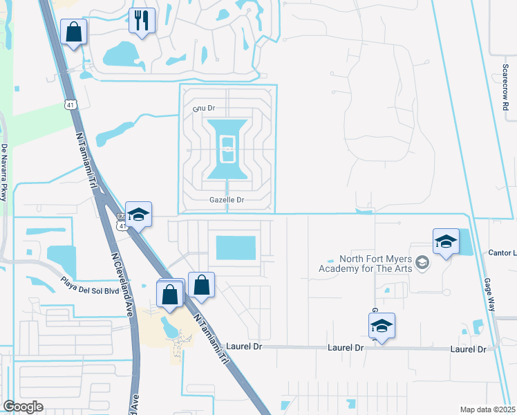map of restaurants, bars, coffee shops, grocery stores, and more near 52 Eland Drive in North Fort Myers