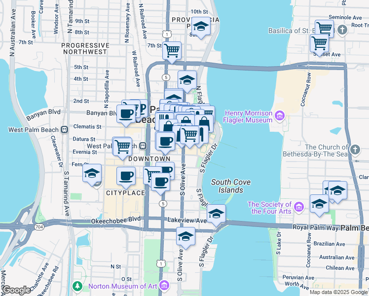 map of restaurants, bars, coffee shops, grocery stores, and more near 209 South Olive Avenue in West Palm Beach