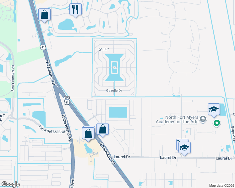map of restaurants, bars, coffee shops, grocery stores, and more near 61 Eland Drive in North Fort Myers