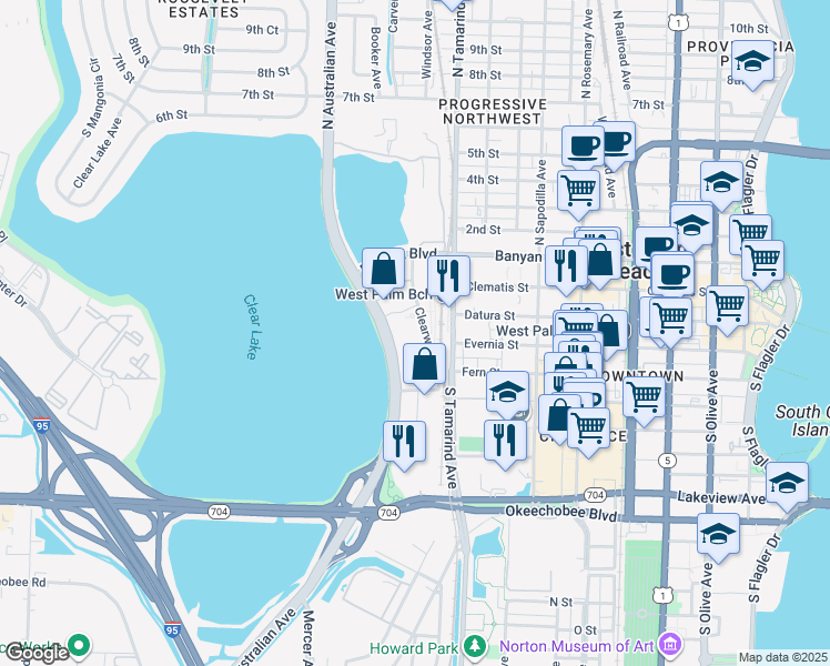 map of restaurants, bars, coffee shops, grocery stores, and more near 201 Clearwater Drive in West Palm Beach
