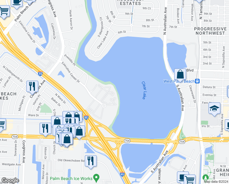 map of restaurants, bars, coffee shops, grocery stores, and more near 700 Executive Center Drive in West Palm Beach