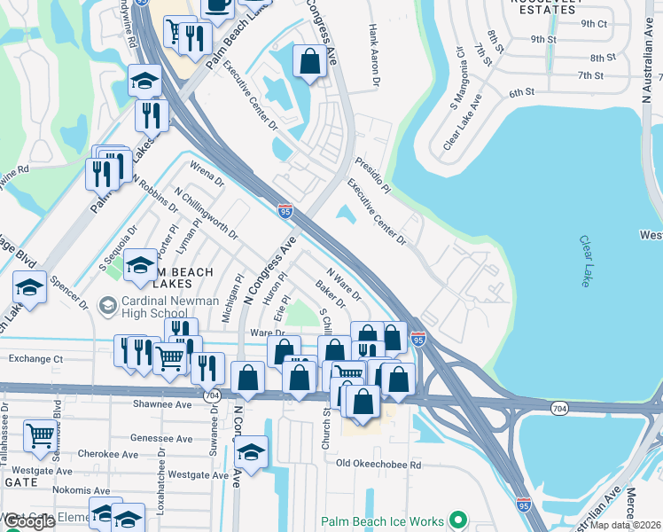 map of restaurants, bars, coffee shops, grocery stores, and more near 236 North Ware Drive in West Palm Beach