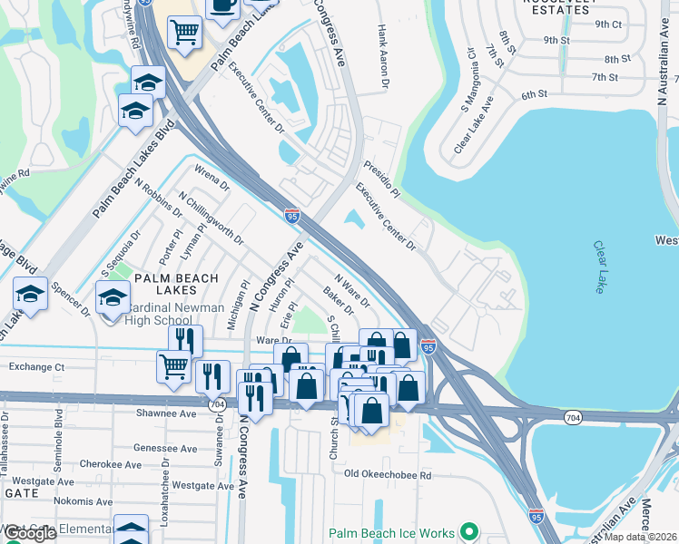 map of restaurants, bars, coffee shops, grocery stores, and more near 236 North Ware Drive in West Palm Beach