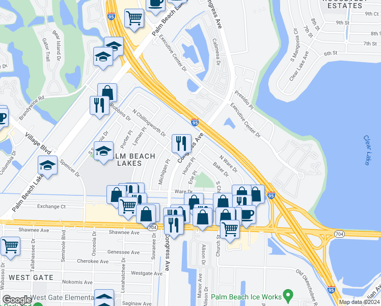 map of restaurants, bars, coffee shops, grocery stores, and more near 204 South Chillingworth Drive in West Palm Beach