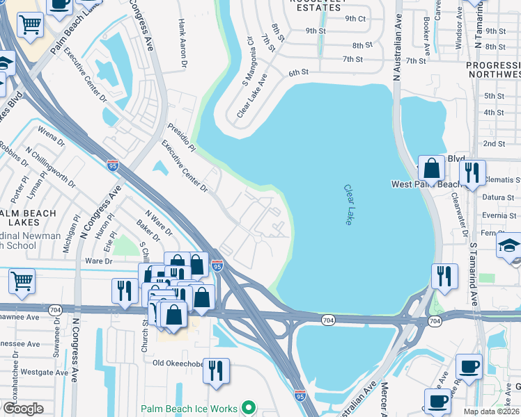 map of restaurants, bars, coffee shops, grocery stores, and more near 612 Executive Center Drive in West Palm Beach