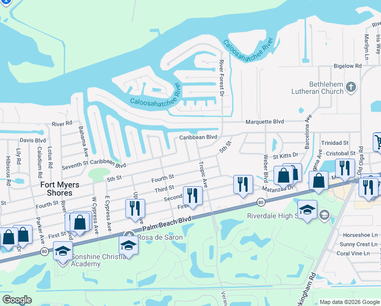 map of restaurants, bars, coffee shops, grocery stores, and more near 2164 Dominica Avenue in Fort Myers