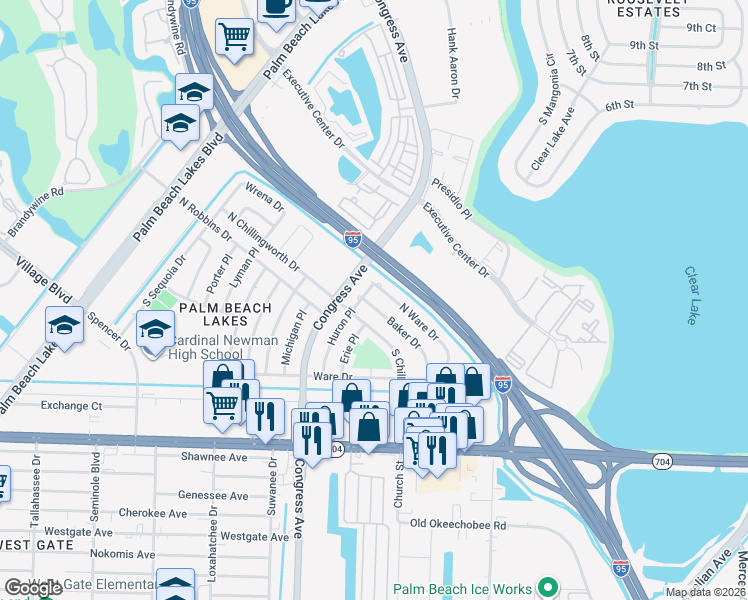 map of restaurants, bars, coffee shops, grocery stores, and more near 206 Baker Drive in West Palm Beach