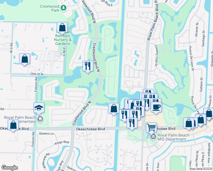 map of restaurants, bars, coffee shops, grocery stores, and more near 2133 Reston Circle in Royal Palm Beach