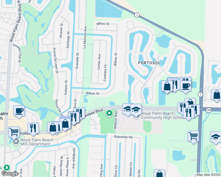 map of restaurants, bars, coffee shops, grocery stores, and more near 144 Bilbao Street in Royal Palm Beach