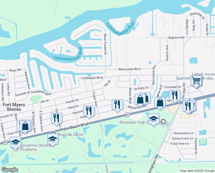 map of restaurants, bars, coffee shops, grocery stores, and more near 13843 5th Street in Fort Myers