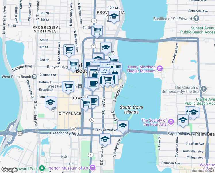 map of restaurants, bars, coffee shops, grocery stores, and more near 209 South Olive Avenue in West Palm Beach