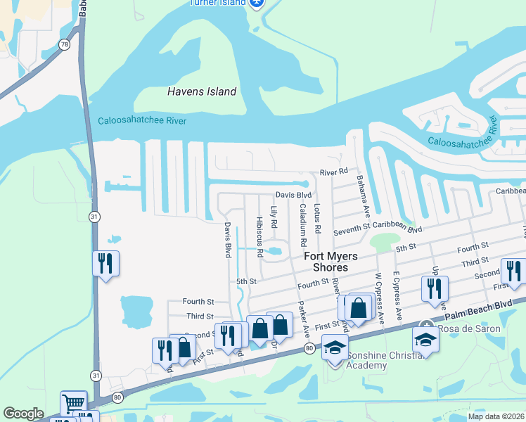 map of restaurants, bars, coffee shops, grocery stores, and more near 2208 Hibiscus Road in Fort Myers