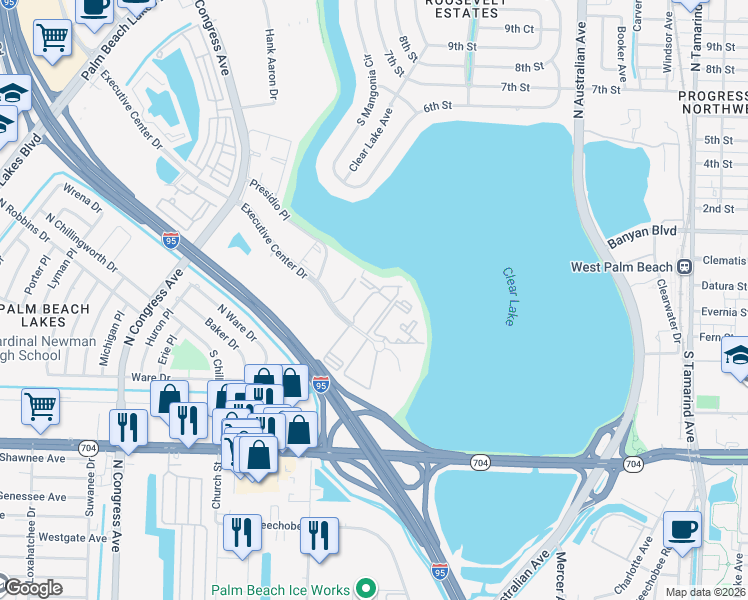 map of restaurants, bars, coffee shops, grocery stores, and more near 616 Executive Center Drive in West Palm Beach