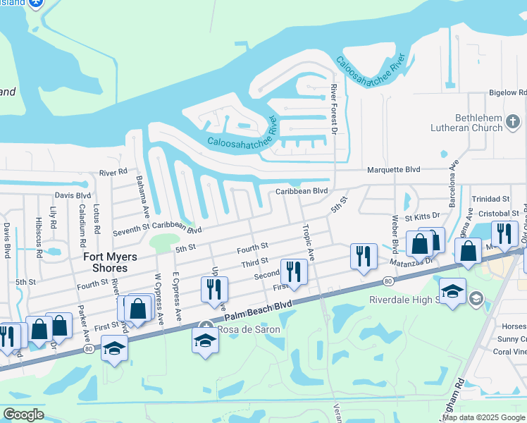 map of restaurants, bars, coffee shops, grocery stores, and more near 13420 Caribbean Boulevard in Fort Myers