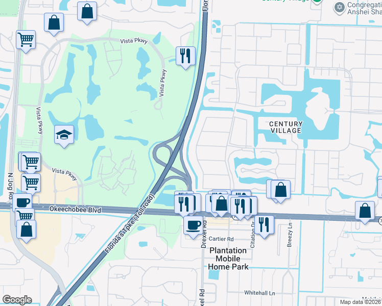 map of restaurants, bars, coffee shops, grocery stores, and more near 90 Windsor East in West Palm Beach