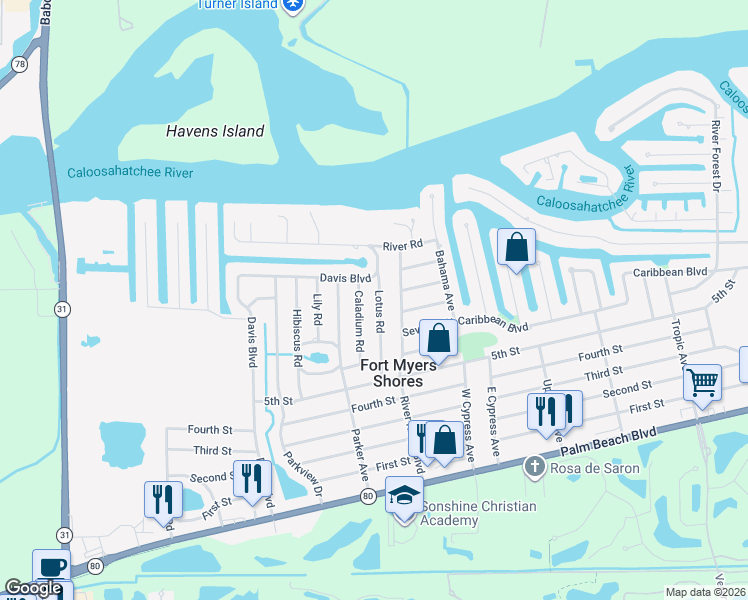 map of restaurants, bars, coffee shops, grocery stores, and more near 2274 Lotus Road in Fort Myers