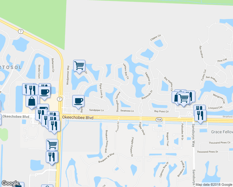 map of restaurants, bars, coffee shops, grocery stores, and more near 2181 Stonington Terrace in West Palm Beach