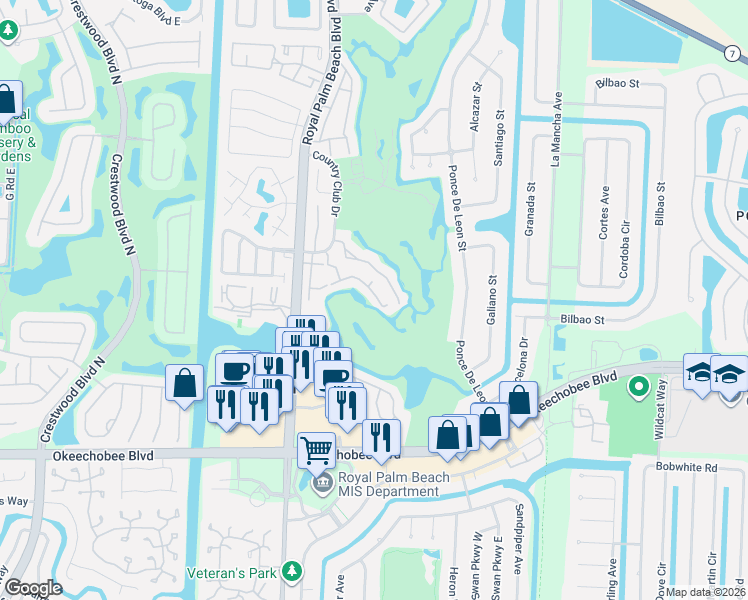 map of restaurants, bars, coffee shops, grocery stores, and more near 1807 Palm Beach Trace Drive in Royal Palm Beach