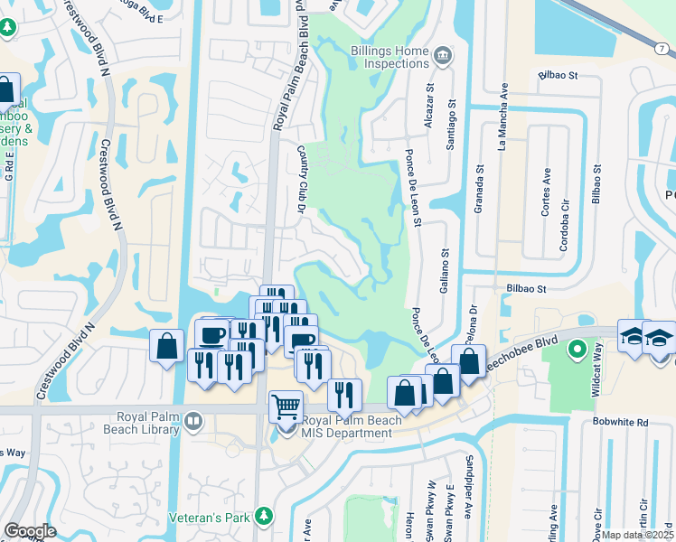 map of restaurants, bars, coffee shops, grocery stores, and more near 1807 Palm Beach Trace Drive in Royal Palm Beach