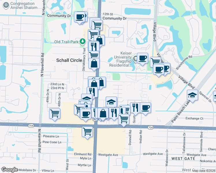 map of restaurants, bars, coffee shops, grocery stores, and more near 2350 North Military Trail in West Palm Beach