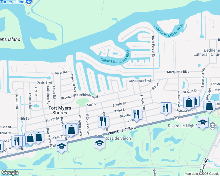 map of restaurants, bars, coffee shops, grocery stores, and more near 2156 West Tobago Circle in Fort Myers