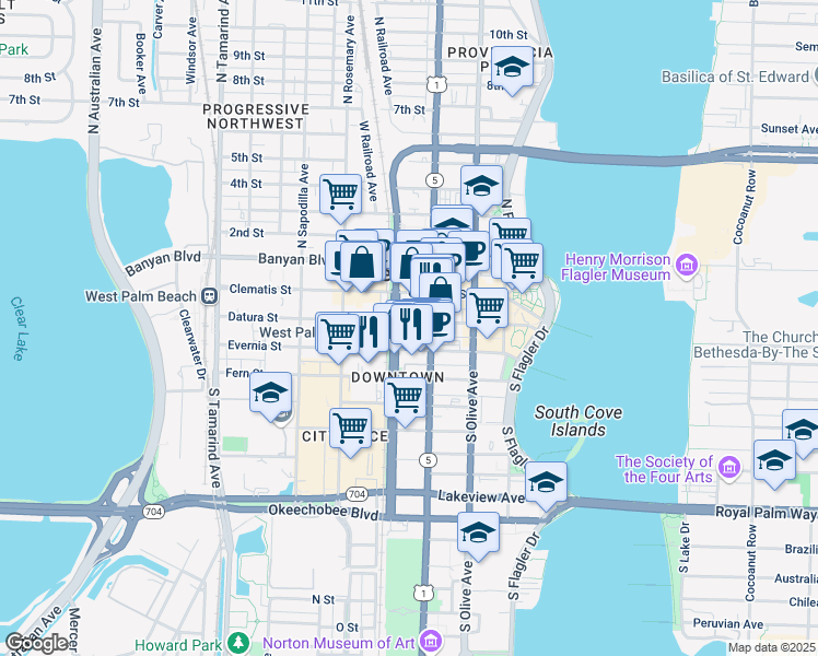 map of restaurants, bars, coffee shops, grocery stores, and more near 499 Evernia Street in West Palm Beach