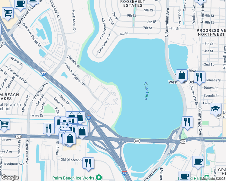 map of restaurants, bars, coffee shops, grocery stores, and more near 700 Executive Center Drive in West Palm Beach